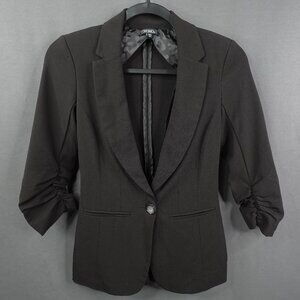 Women Blazer Jacket XS Black Retro Y2K Ruched Sleeve Minimalist Capsule Corpcore